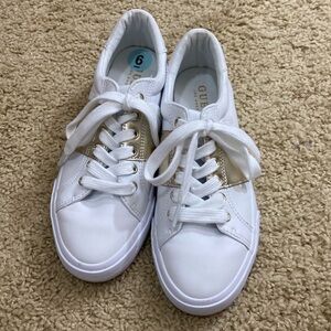 Guess white gold sneakers size 6, new never worn